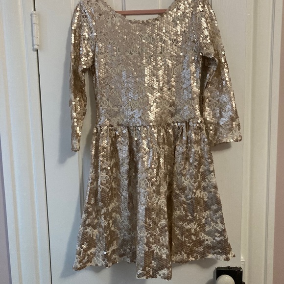 SALE Gold sequin glitter sparkly lace dress holiday engagement bridal cocktail - Picture 3 of 7